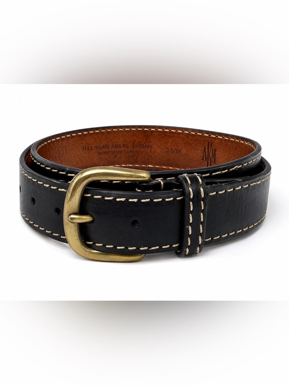 AKM Full Grain Aniline Cowhide Leather Belt Black Contrast Stitch 34/85 Saddle